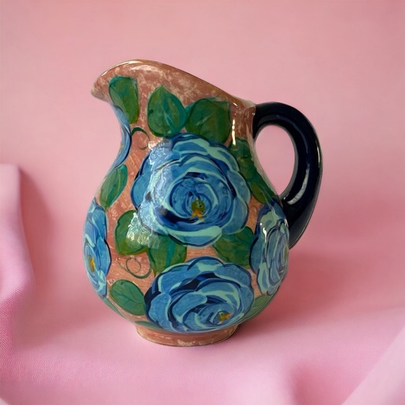 Lesal Ceramics Beautiful  Handpainted Vase/Pitcher Blue Roses Small 7'x6' - Picture 1 of 11